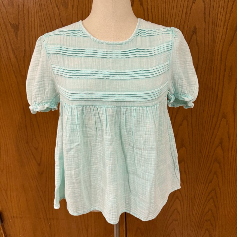 NWT Simplify Southern Babydoll Seafoam Short Sleeve Shirt Cotton Gauze Pintuck